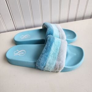 Victorias Secret Slides Sandals Aqua Blue Stripe Fur Fuzzy Slip Open Toe L 9/ 10
